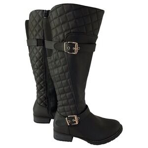 Global Win‎ Womens Black Quilted Buckle Knee High Boots Side Zip Size 6.5 EUC